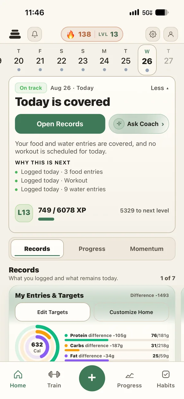 PlateStack home showing today's food, recovery, activity, and routines