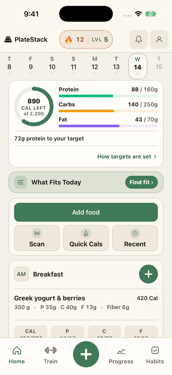 Daily food record showing fictional sample calories, macros, and logged portions