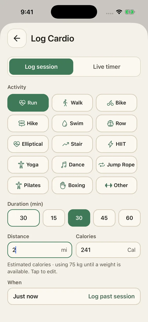 Cardio entry with activity types, duration, distance, and an editable calorie estimate