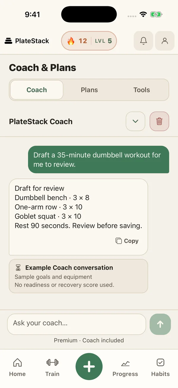 Example Coach workout draft using fictional goals and equipment