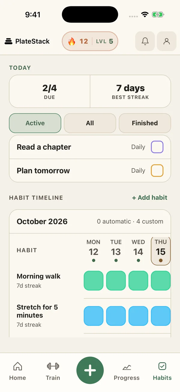 Habit timeline showing fictional sample habits, streaks, and completion progress