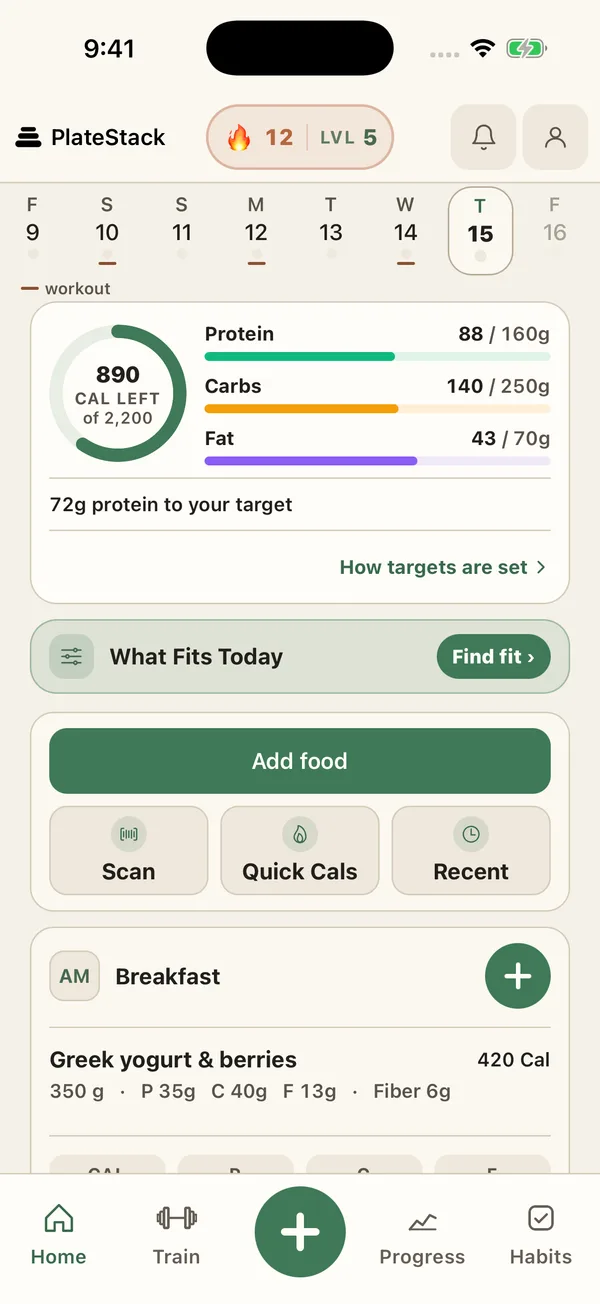 Current PlateStack home with fictional sample food records and remaining macros
