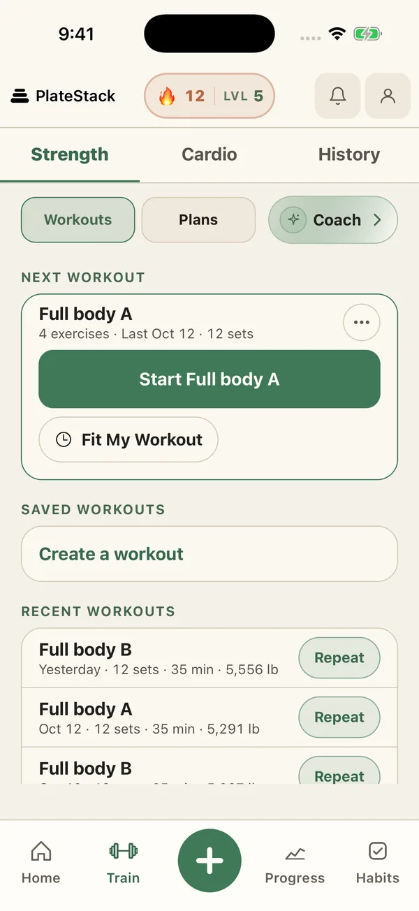 Training cycle with the next strength workout ready to start